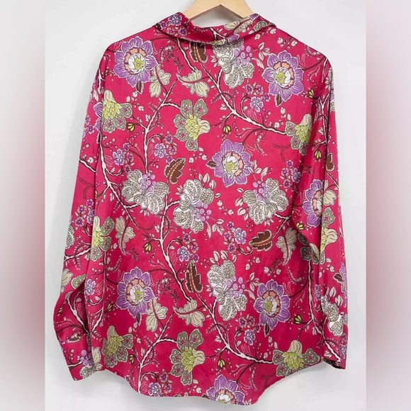 Zara Red Floral Satin Button-Up Shirt | Large | Green, Yellow, Black Detail - Picture 5 of 8